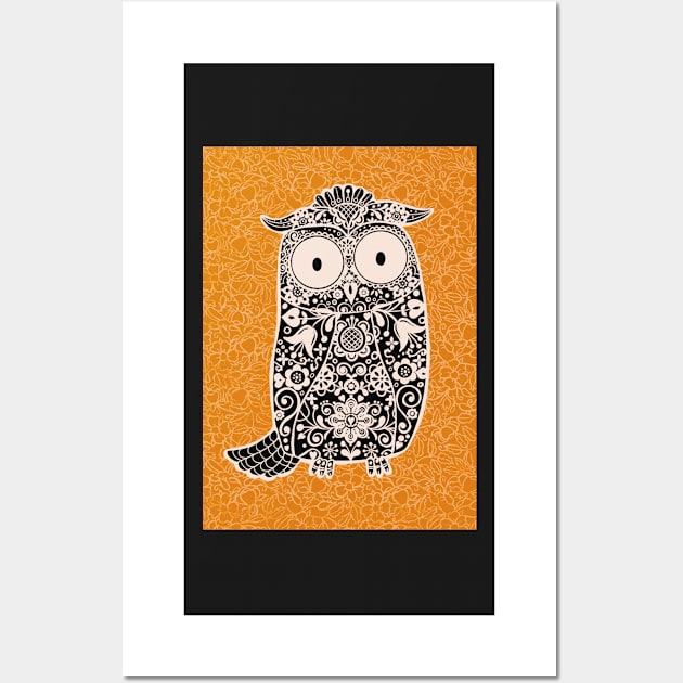 Black and White Folk Art Owl on orange floral background Wall Art by NattyDesigns